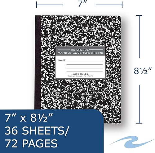 Miniatura 2 de ROARING SPRING Cuaderno de composición de cubierta flexible, mármol negro, rayas anchas con margen, 36 hojas (72 páginas), 8.5 x 7 pulgadas, cosido