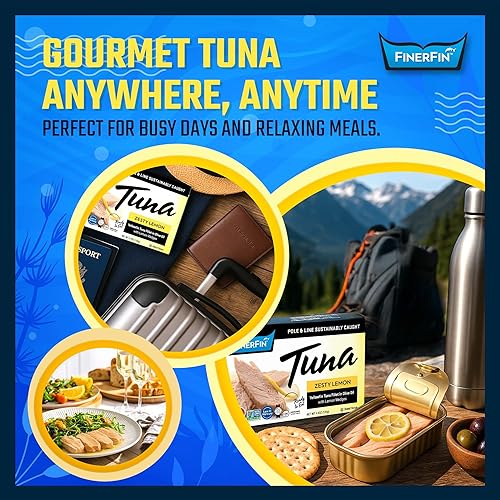 Miniatura 4 de FinerFin Ensalada de atún de aleta amarilla en aceite de oliva orgánico | Sabor a limón picante | Atún enlatado premium con AOVE | Filetes gourmet