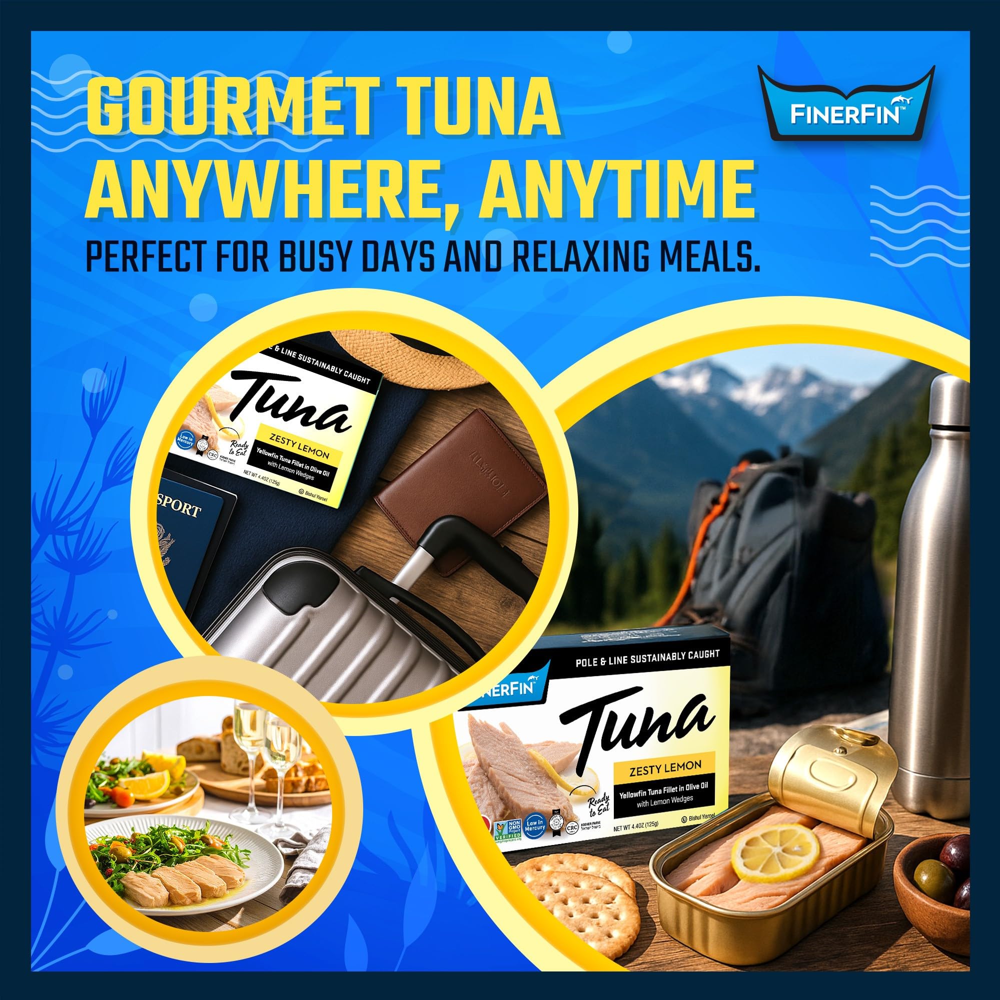 FinerFin Yellowfin Tuna Fillets in Organic Olive Oil | Zesty Lemon Flavor | Premium Canned Tuna Fish with EVOO | Gourmet Ready-to-Eat Pole & Line Caught Fillets | 4.4oz can - 6 Pack