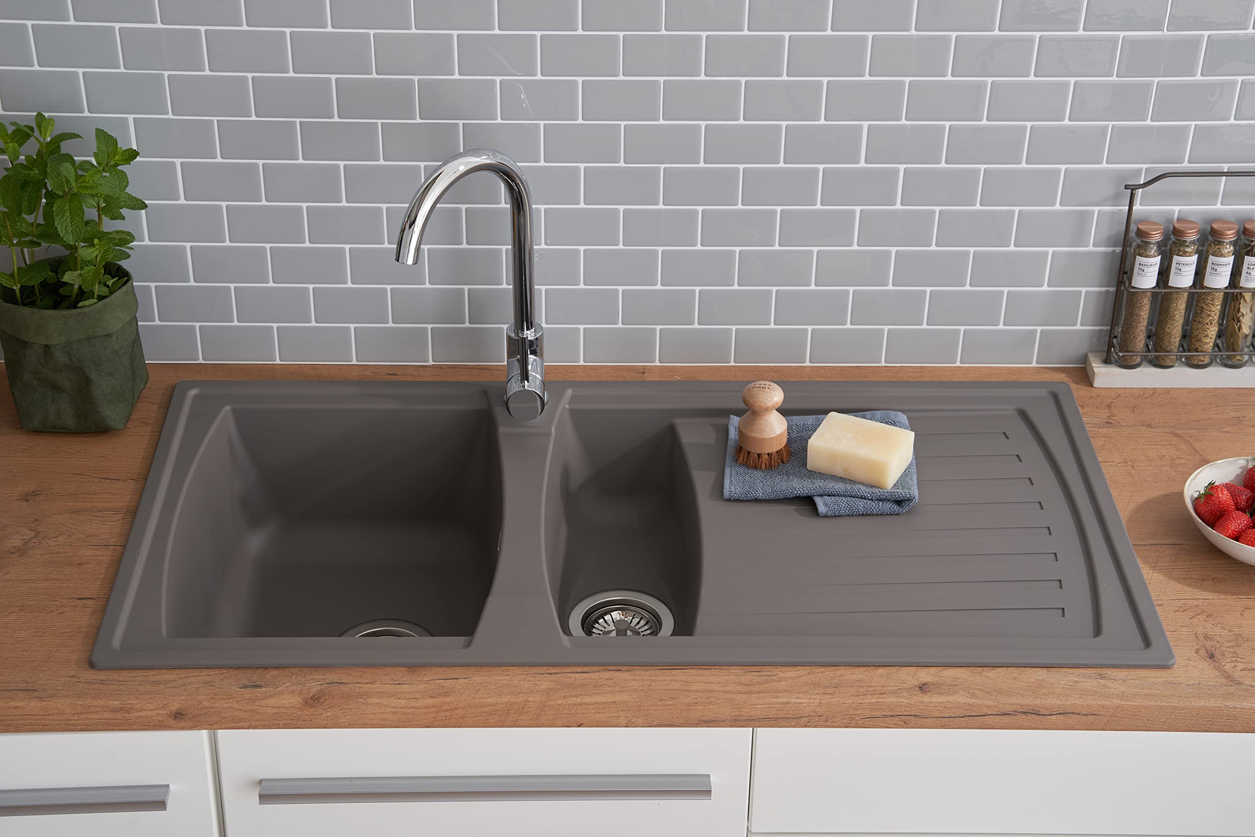 Respekta Évier minéralite en gris béton/Évier encastré 1,5 bac en 100 x 50 cm/Lavabo adapté pour les meubles sous évier dès 60 cm de largeur