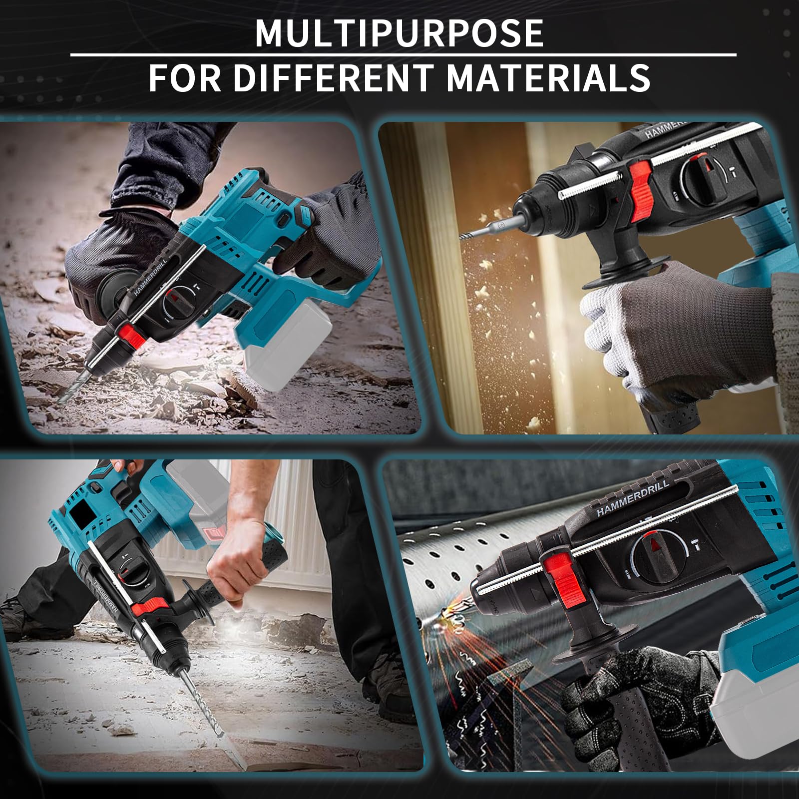 Professional 18V System Akku Bohrhammer,Kompatibel mit Makita Akku 18V mit 10 Stück Bohrer, Anti-Vibrationsgriff und Sicherheitskupplung (ohne Akkus und Ladegerät)