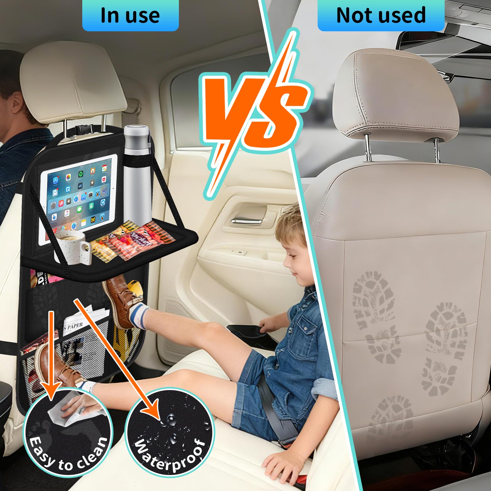 2 Piezas Organizador Coche, Organizador Asiento Coche Niños, Protector Asiento Coche con Mesa Plegable, Impermeable, Alfombrillas para Patadas para Juguetes, Bocadillos