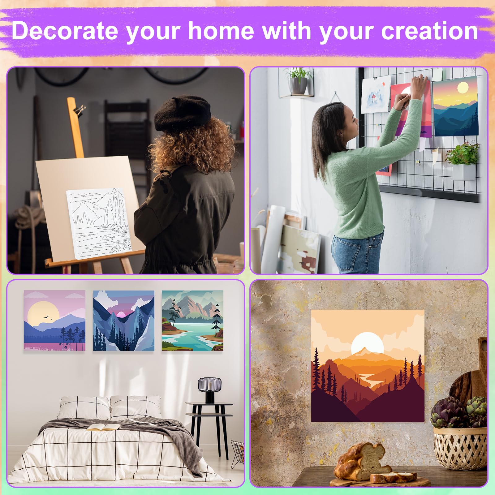 Teling 12 Pcs Pre Drawn Stretched Canvas Kit for Adults Painting Pre Printed Canvas Outline for DIY Painting Party Favor,6 x 6 x 0.6 Inches(Mountain)