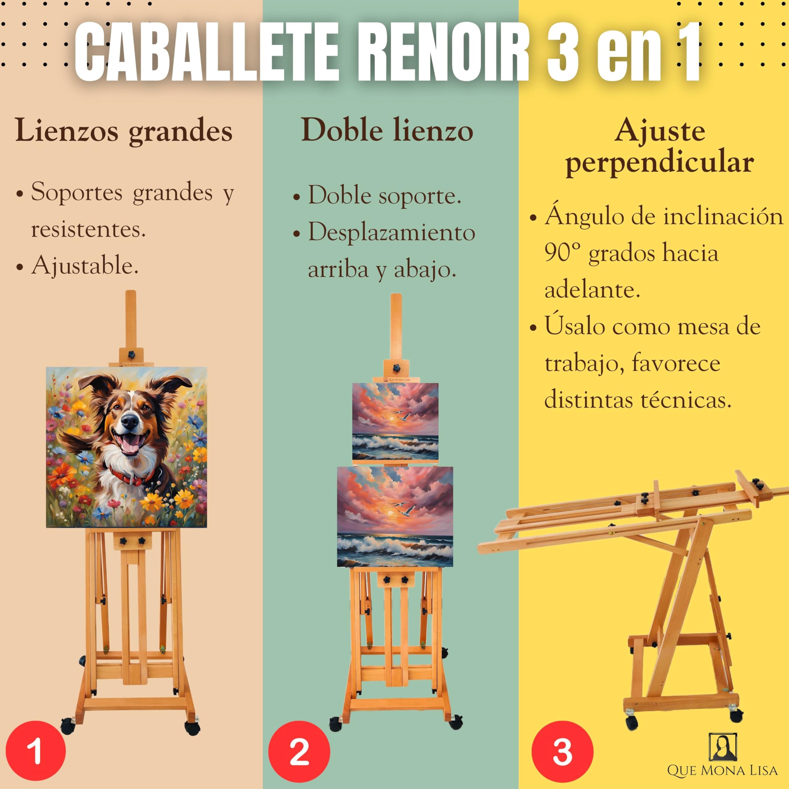 Caballete plegable profesional RENOIR, Altura Ajustable para lienzos grandes, Soporta 2 canvas a la vez, Caballete de Madera de Haya para Pintar, Atril grande pintura Fácil de Montar