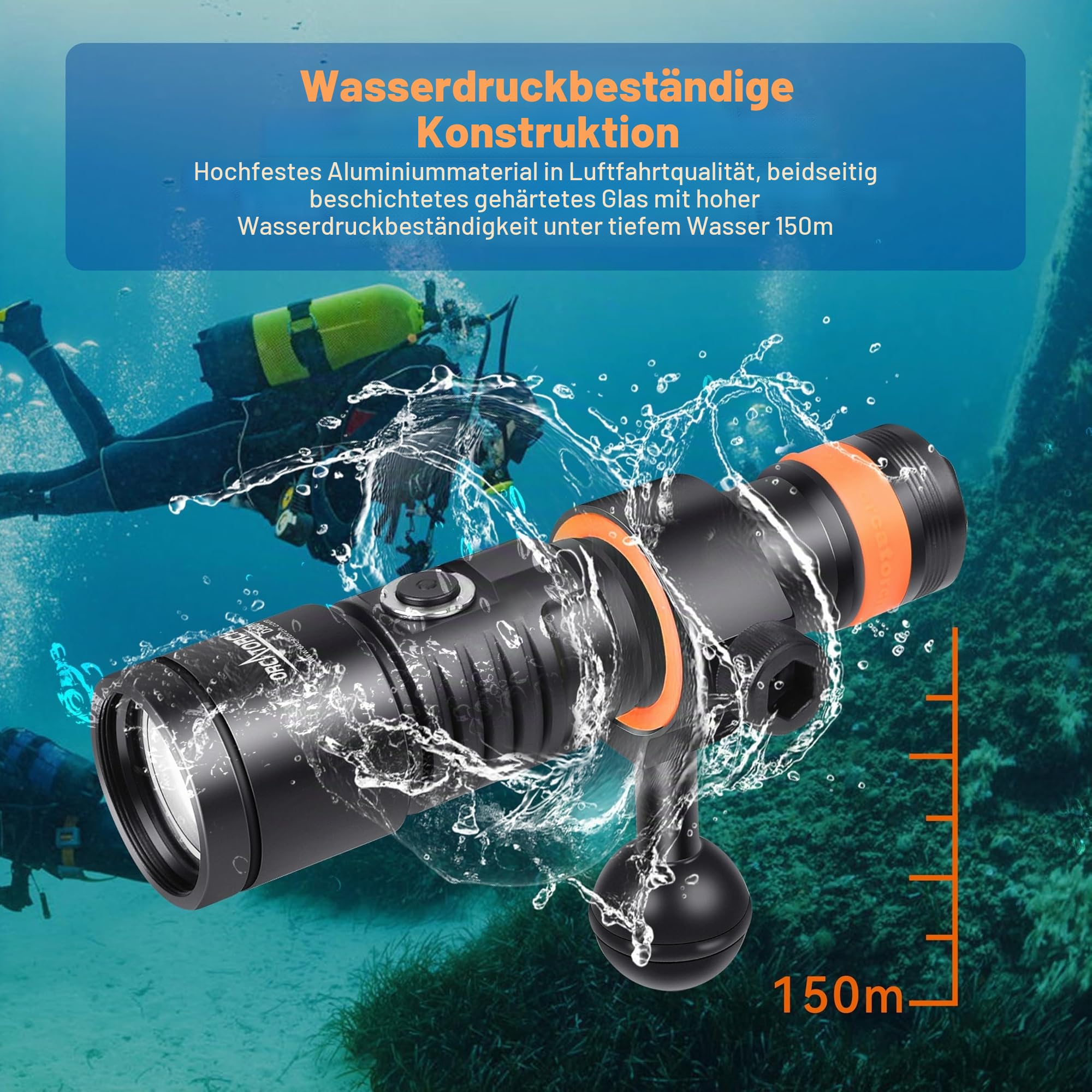 ORCATORCH D530V Tauchlampe, 1200 Lumen Tauchen Video Licht 120 Grad Super Wide Beam Angle, Unterwasser 150 Meter IP68 Wasserdicht Fotografie Licht mit Kugelgelenk