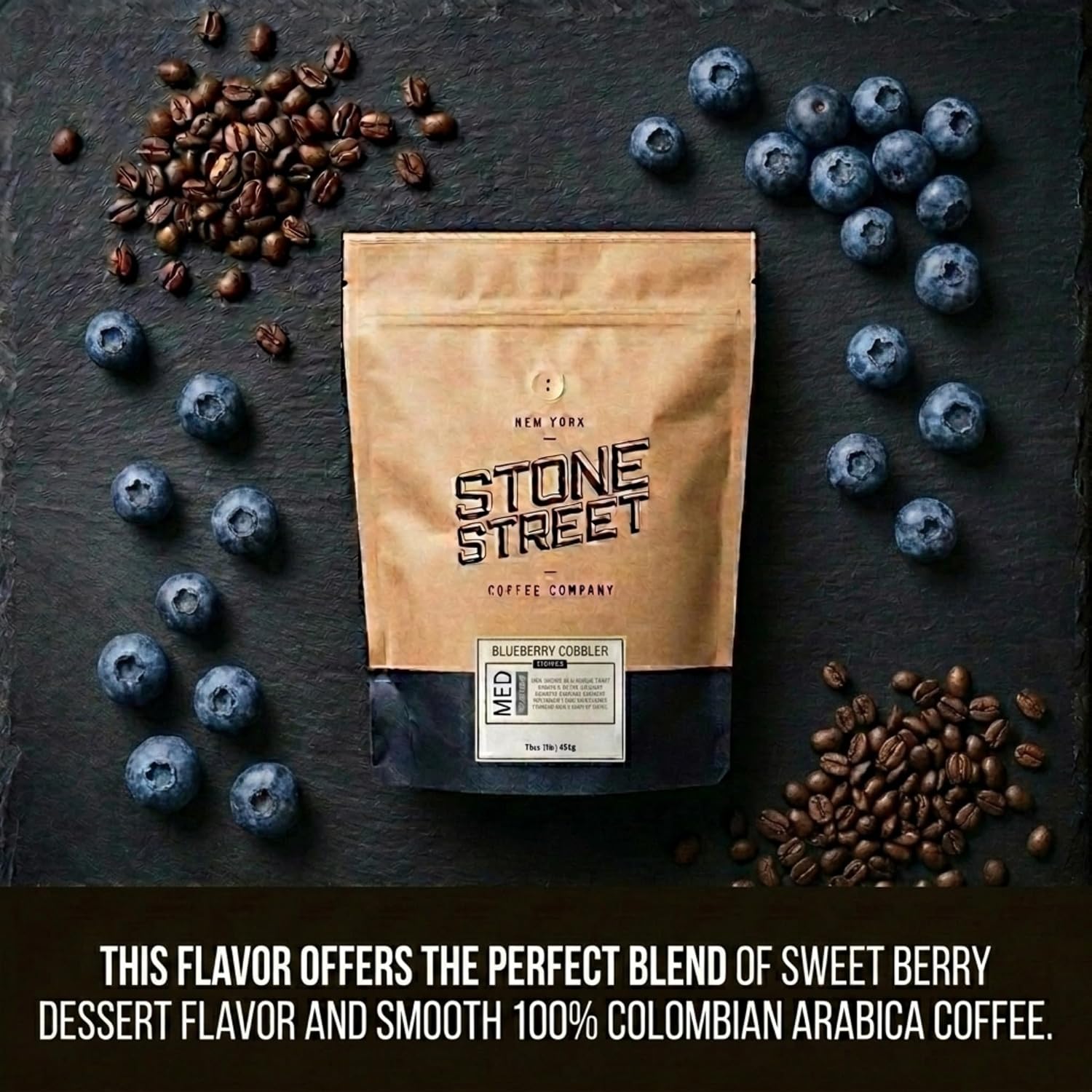Stone Street Flavored Ground Coffee, Blueberry Cobbler, Freshly Roasted, 100% Colombian Arabica, Gourmet Coffee, Medium Roast, Sweet Berry Dessert Flavor, 1 LB
