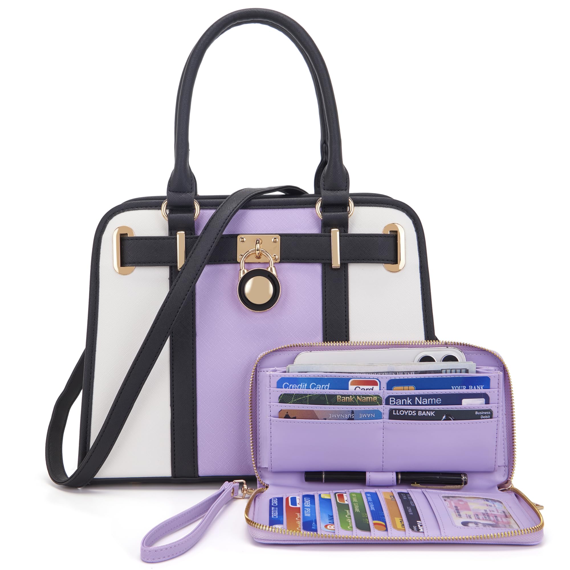 Handbags Sets For Women Shoulder Bags Top Handle Work Satchel Tote Purses Set With Matching Wallet 2pcs: A635-2pcs/Set Whitelavender