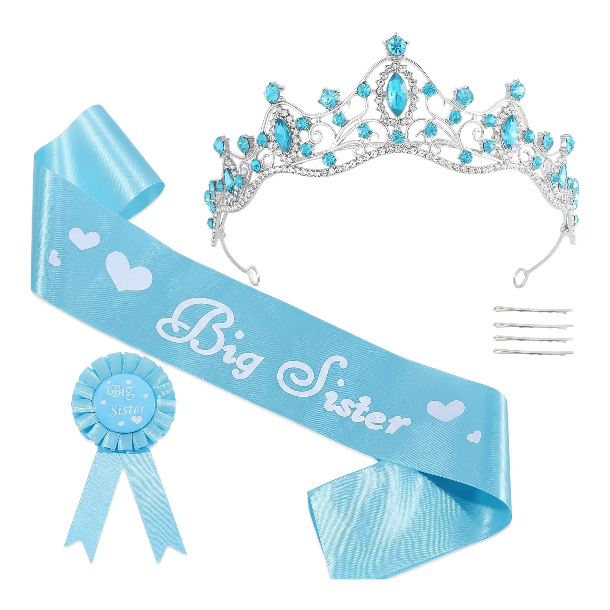Big Sister Accessory Set,Badge Pin Big Sister to Be Accessory Set Pink Metal Rhinestone Crown Announcement Party 7Pcs Glitter Cute Sibling Gift (Blue)