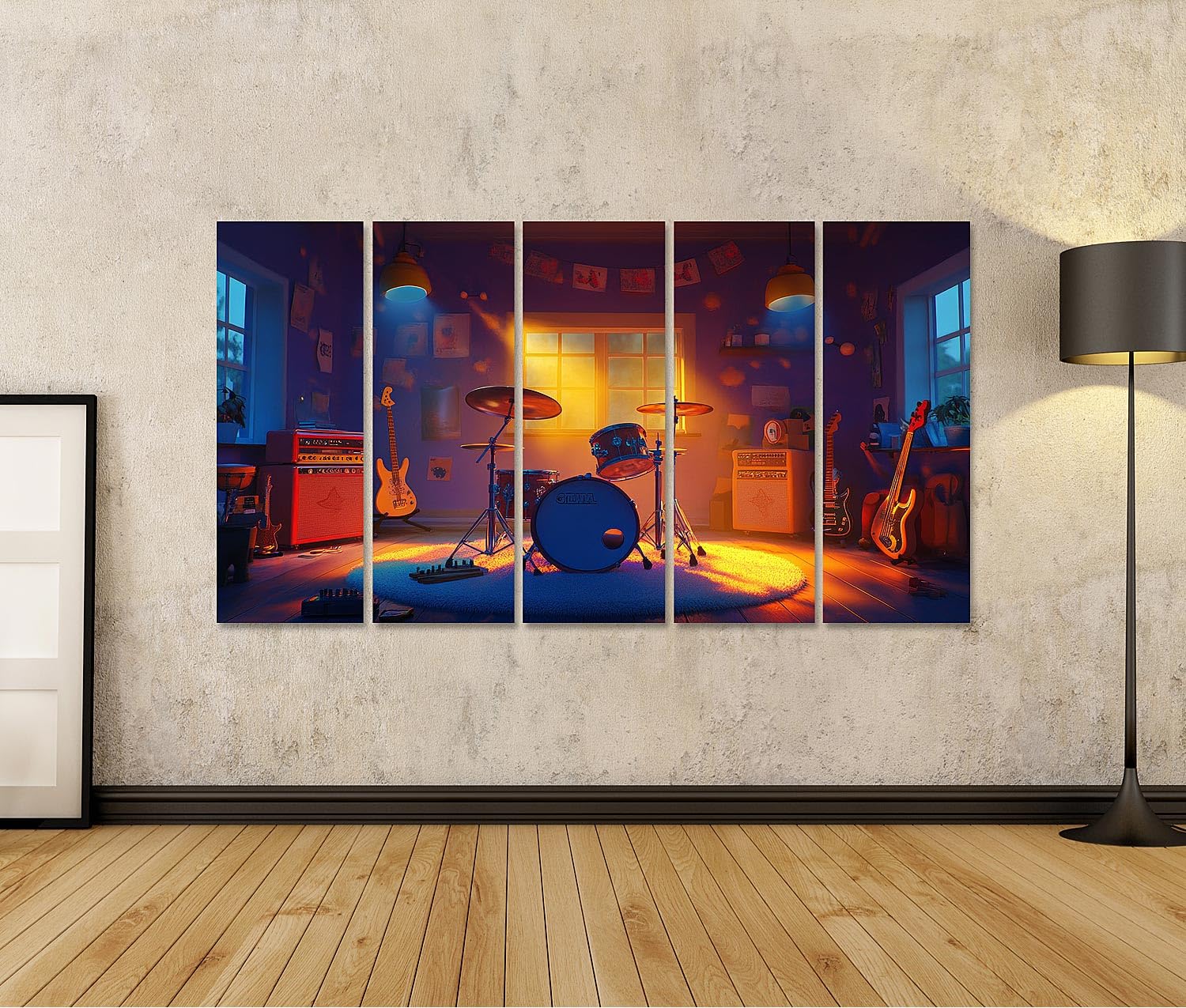 islandburner Quadro su tela Studio musicale di notte con illuminazione e strumenti per sala musicale, amanti della musica, negozio di musica, immagini murali poster