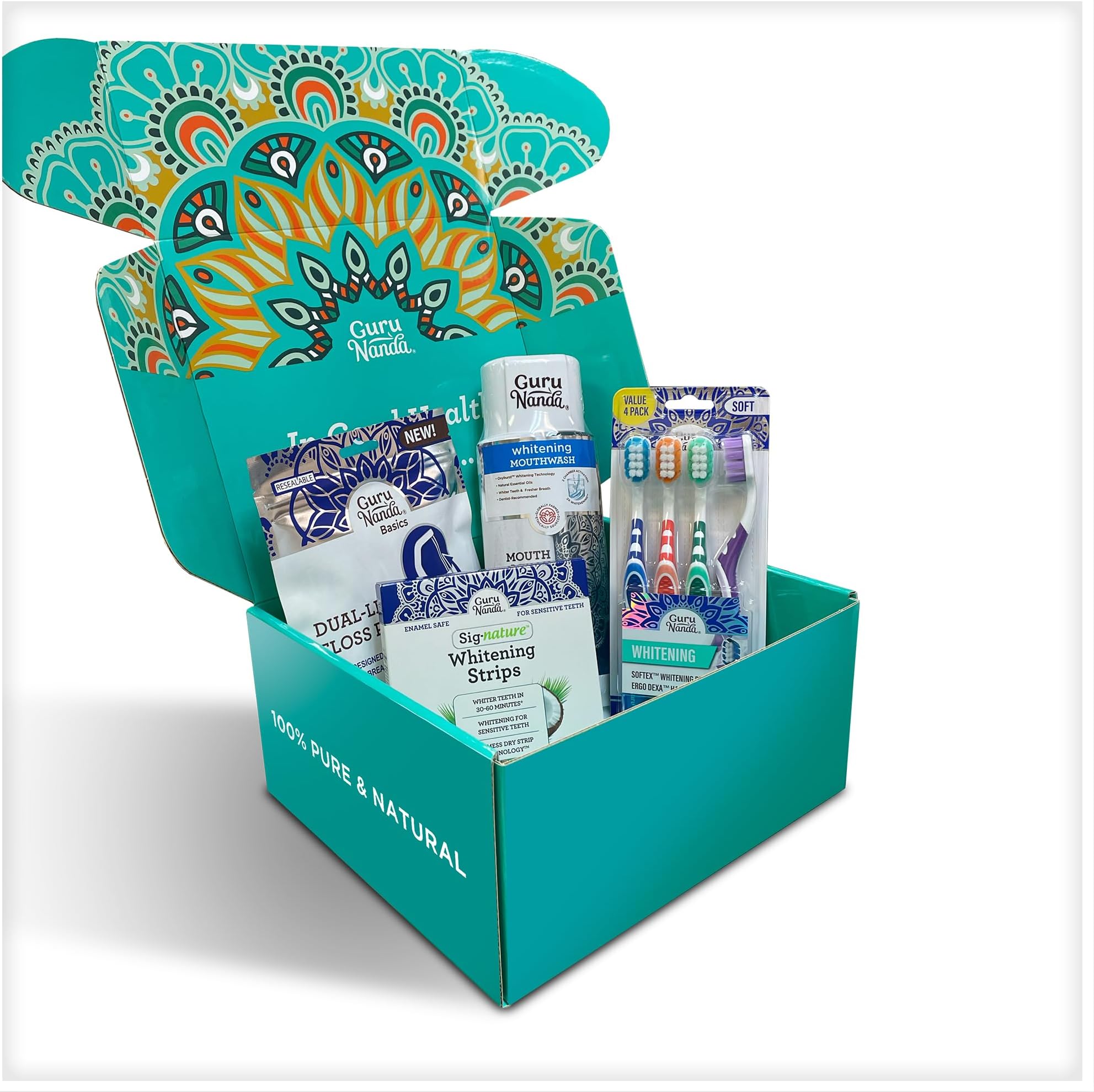 GuruNanda Teeth Whitening Razzle Dazzle Kit - Includes 14 Whitening Strips, 4 Pk Whitening Toothbrush, 150 ct Floss Picks & 1 Dual Barrel Mouthwash - Enamel Safe Dental Kit for Sensitive Teeth & Gums
