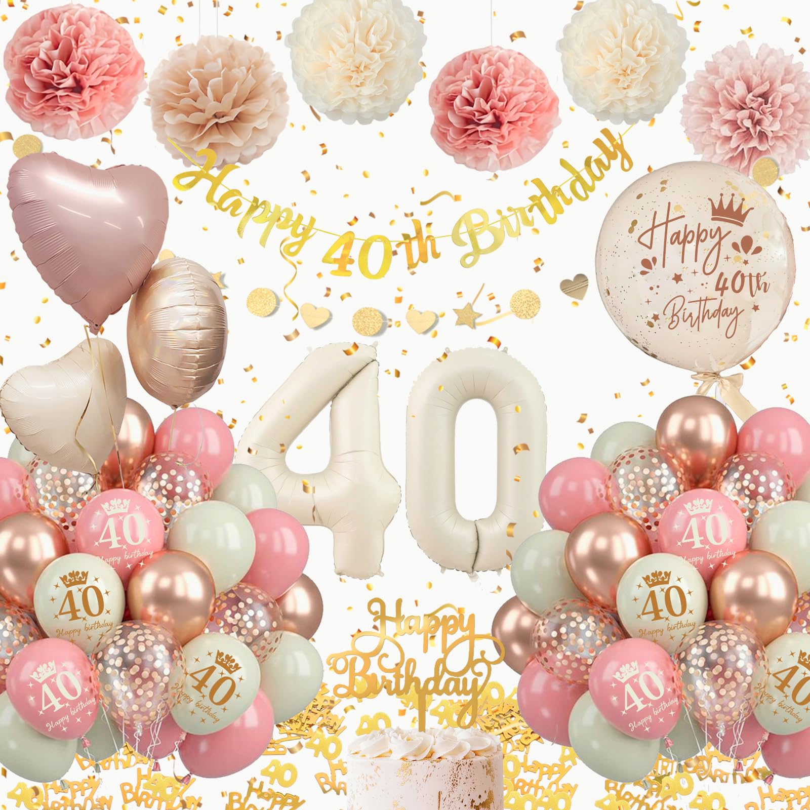 Globos Decoracion 40 Cumpleaños Mujer, Globos 40 Cumpleaños Oro Rosa Adornos Kit con Globos Numero 40 Años Cake Topper Pancarta de Happy Bithday Confeti para 40 Cumpleaños Mujer