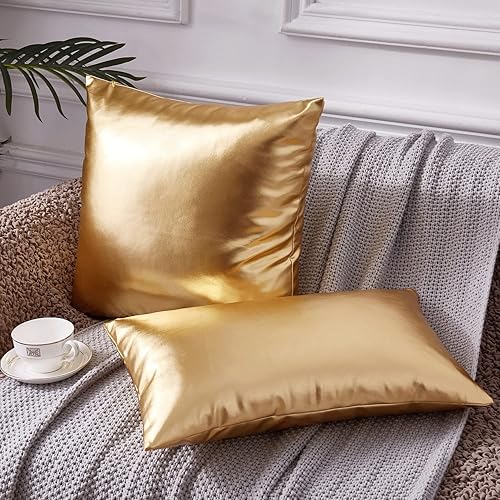 Miniatura 3 de EUCIOR Almohada Decorativa, Fundas de Almohada Doradas 20x20, Fundas de Almohadas Decorativas de Tiro Modernas Metálicas Brillantes Funda de Cojín,