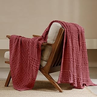 PHF 100% Cotton Waffle Weave Throw Blanket, Soft Lightweight Breathable Cozy Throws for Couch Bed Sofa, Luxury Aesthetic Blanket Gift for Home Decor & Office, 50"x60", Wine Red