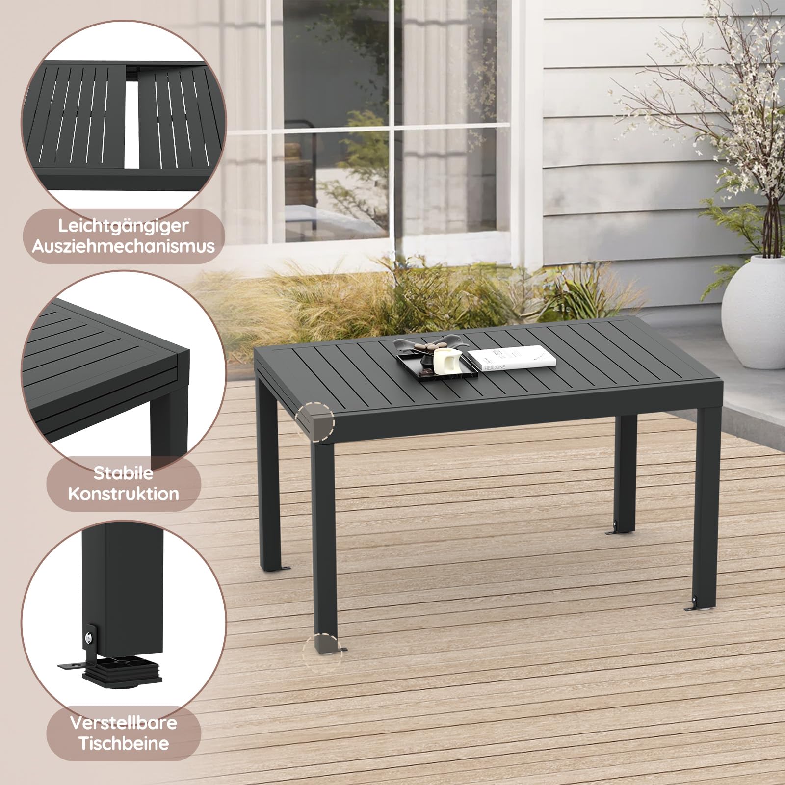 Devoko Esstisch Ausziehbar，80/160 x 75cm Gartentisch Ausziehbars, Aluminium Balkon Ausziehtisc, Gartentisch Wetterfest,ausziehbar auf 160cm, Outdoor Esstisch, Dunkelgrau