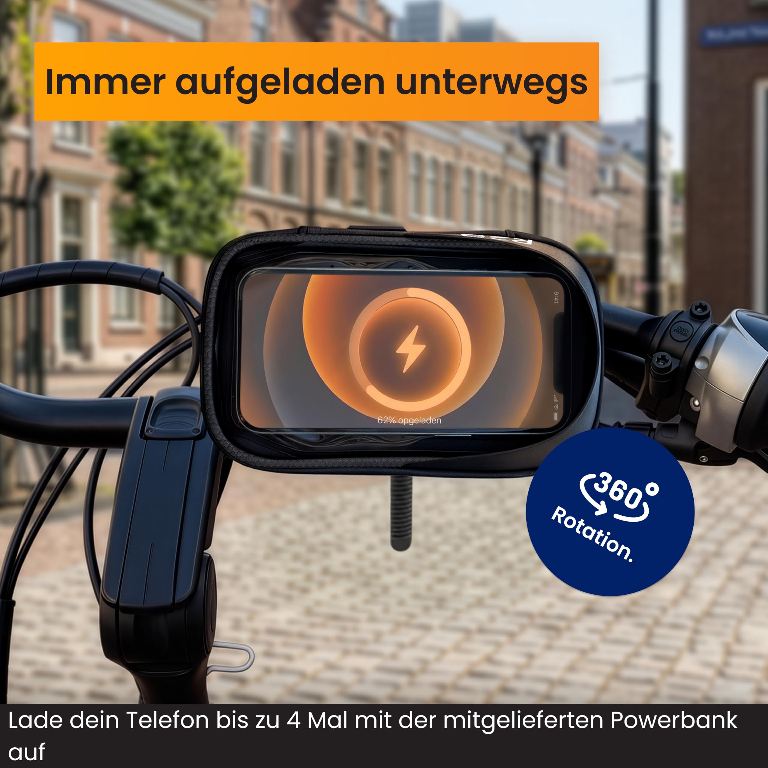 R2B Wasserdichte Handyhalterung Fahrrad mit Powerbank passend für Magsafe - Mit Zusätzlichem Staufach, Telefonhalter für Mountainbikes, Motorrad und Kinderwagen, 360-Grad-Rotationsfunktion, Einfache