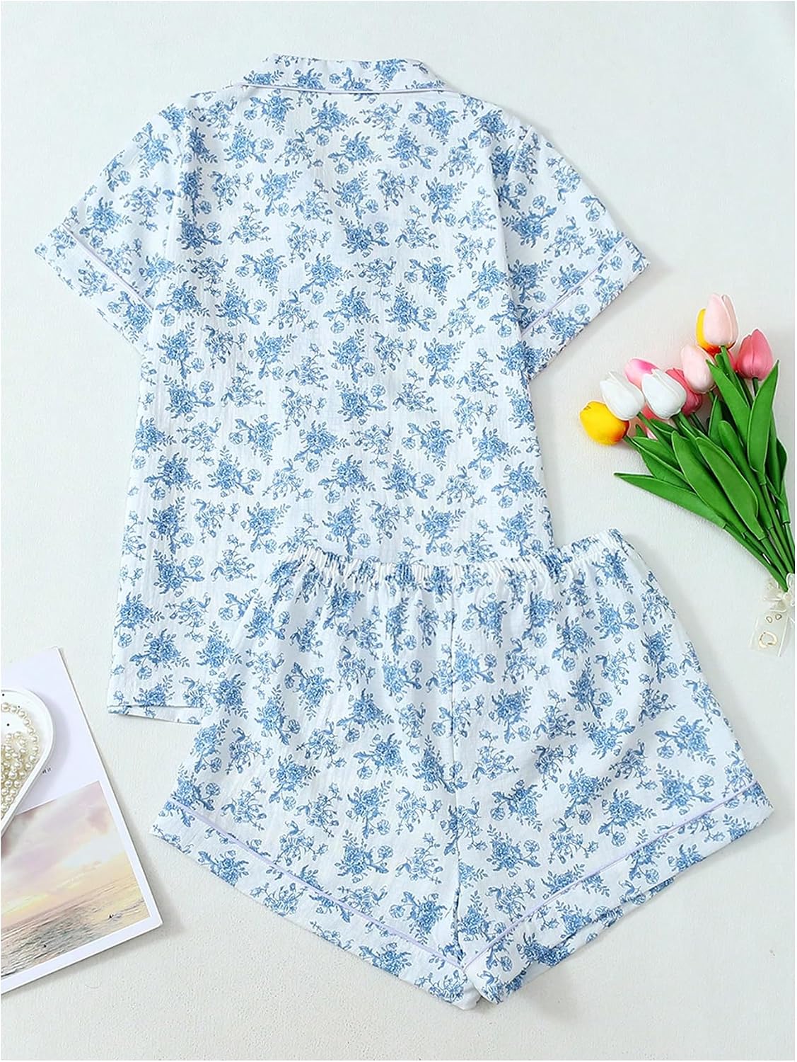 BEAUDRM Women's Two Piece Pajama Sets Allover Print Short Sleeve Sleepwear Button Down Shirt and Bow Shorts Pj Set Loungewear