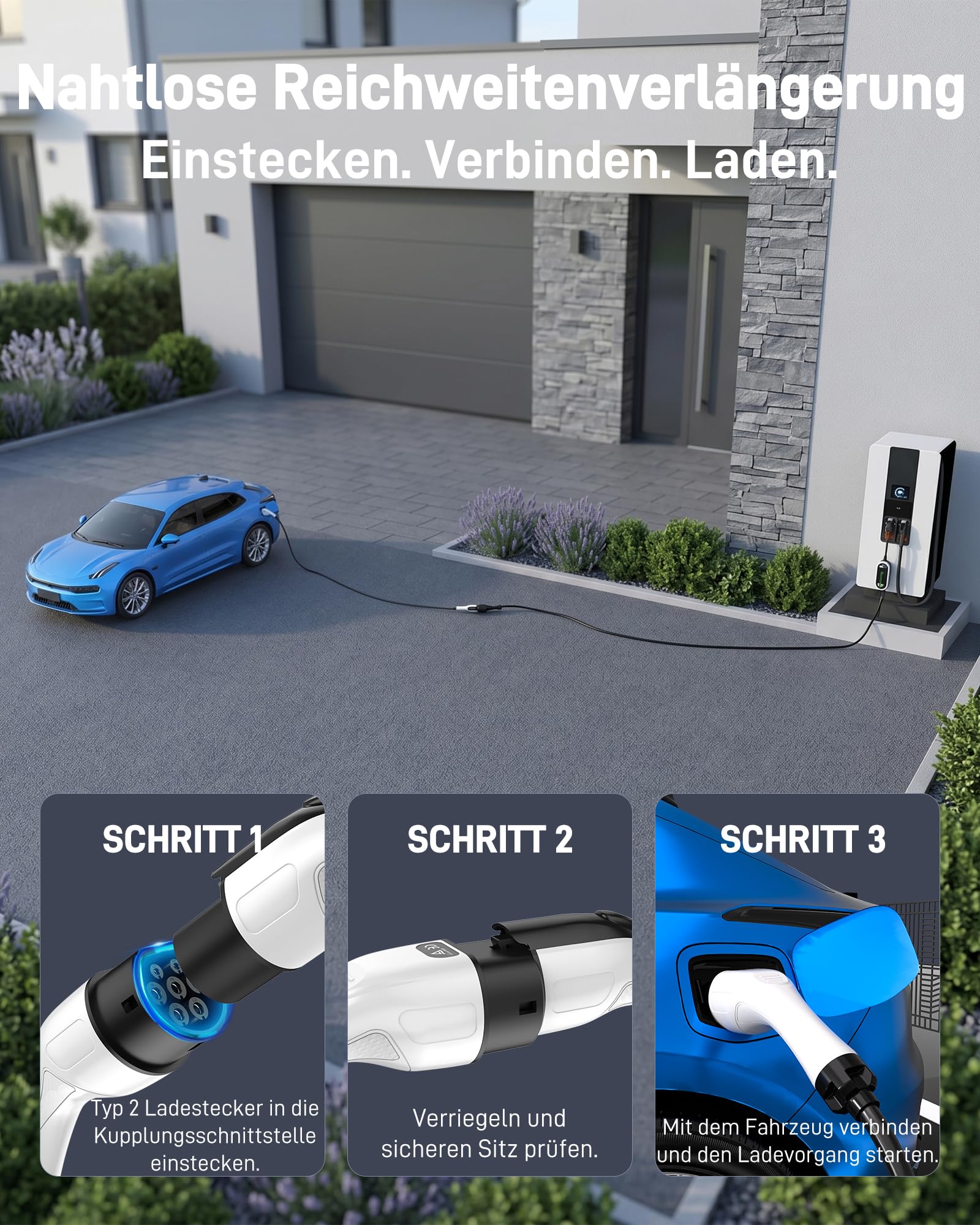 Typ 2 Verlängerungskabel (16 A, 11 kW, 5 m, 3-phasig) - Wallbox-Verlängerungskabel für EV-Ladegeräte, Wallboxen & Ladestationen, Kompatibel mit Elektroautos (EV) & Plug-in-Hybriden (PHEV)