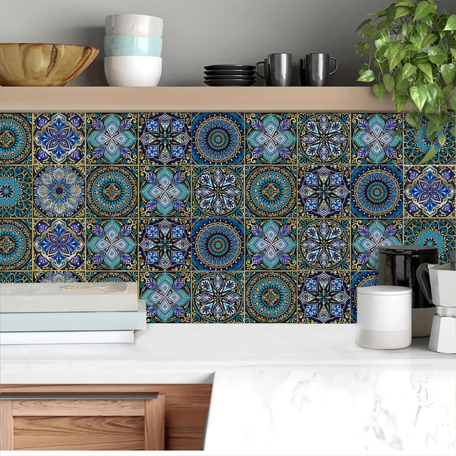 Tile Decals, Mandala Peel and Stick Wall Stickers PVC Decorative for Kitchen Washroom Bedroom,Floor Tiles(15x240cmx2pcs)