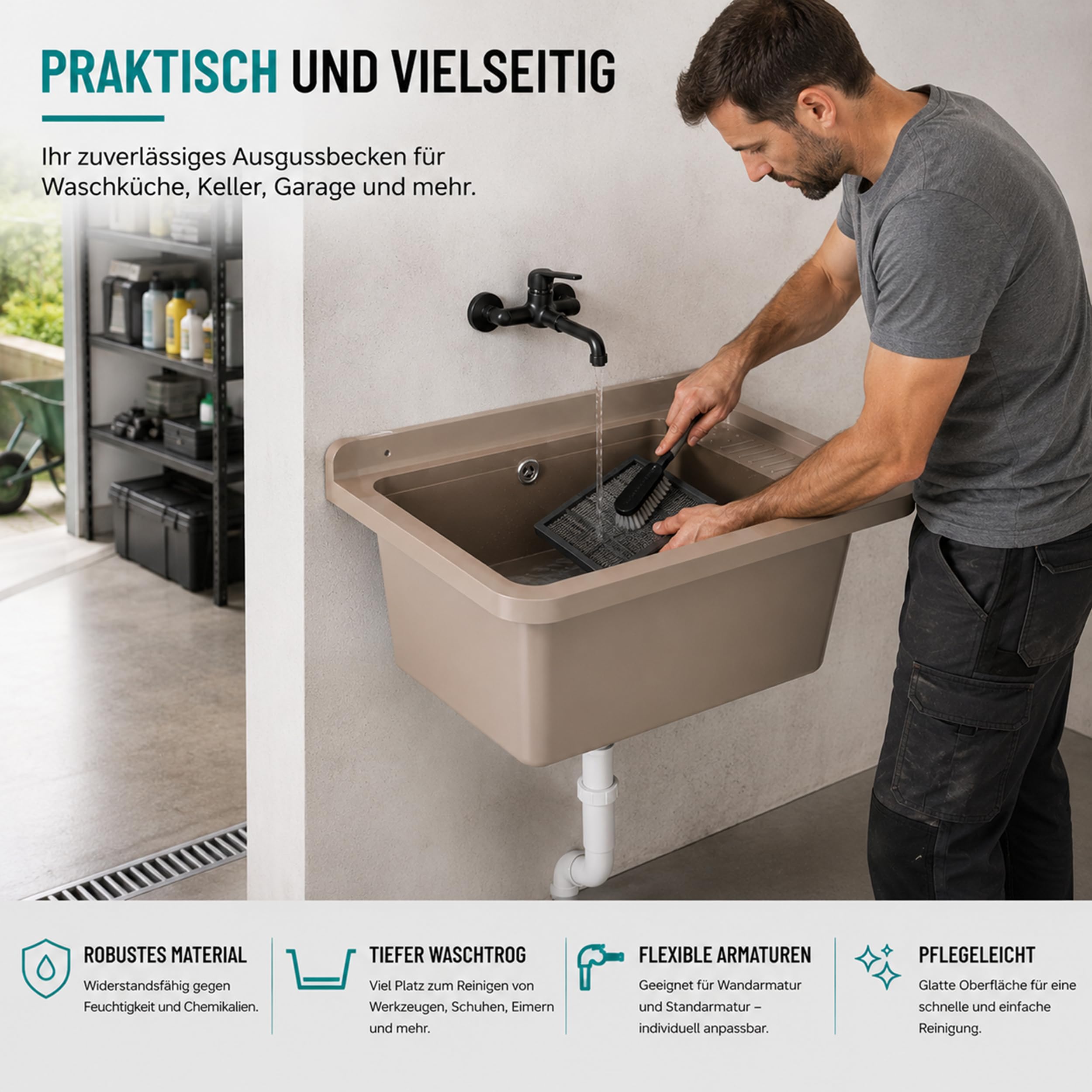 Cuenca de desagüe Fregadero Lavabo Lavadora Exterior para Jardín, Garaje, Bodega, Cocina, Taller Gran Cuenca (Beige)