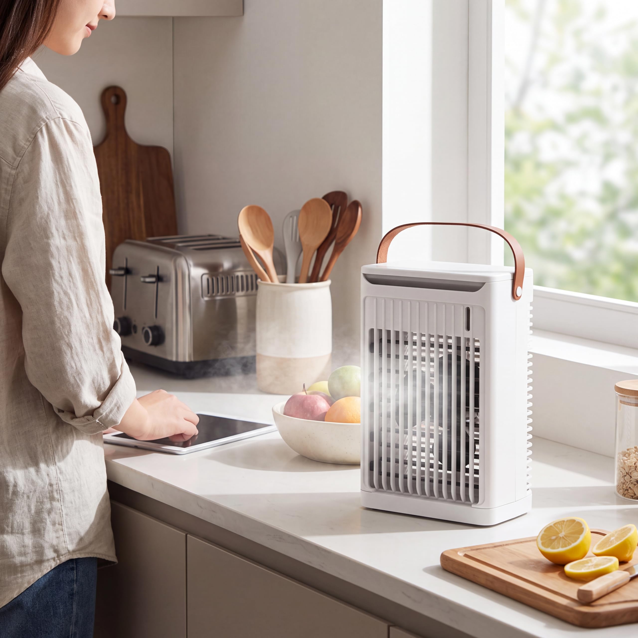 Mini Condizionatore Portatili Senza Tubo Climatizzatore Portatile Ventola 'umidificatore con Serbatoio 680 Ml 2 Nebbie Fredde 5 velocità 2 Nebbie Fredde e 7 LED Nebulizzatore Condizionatore