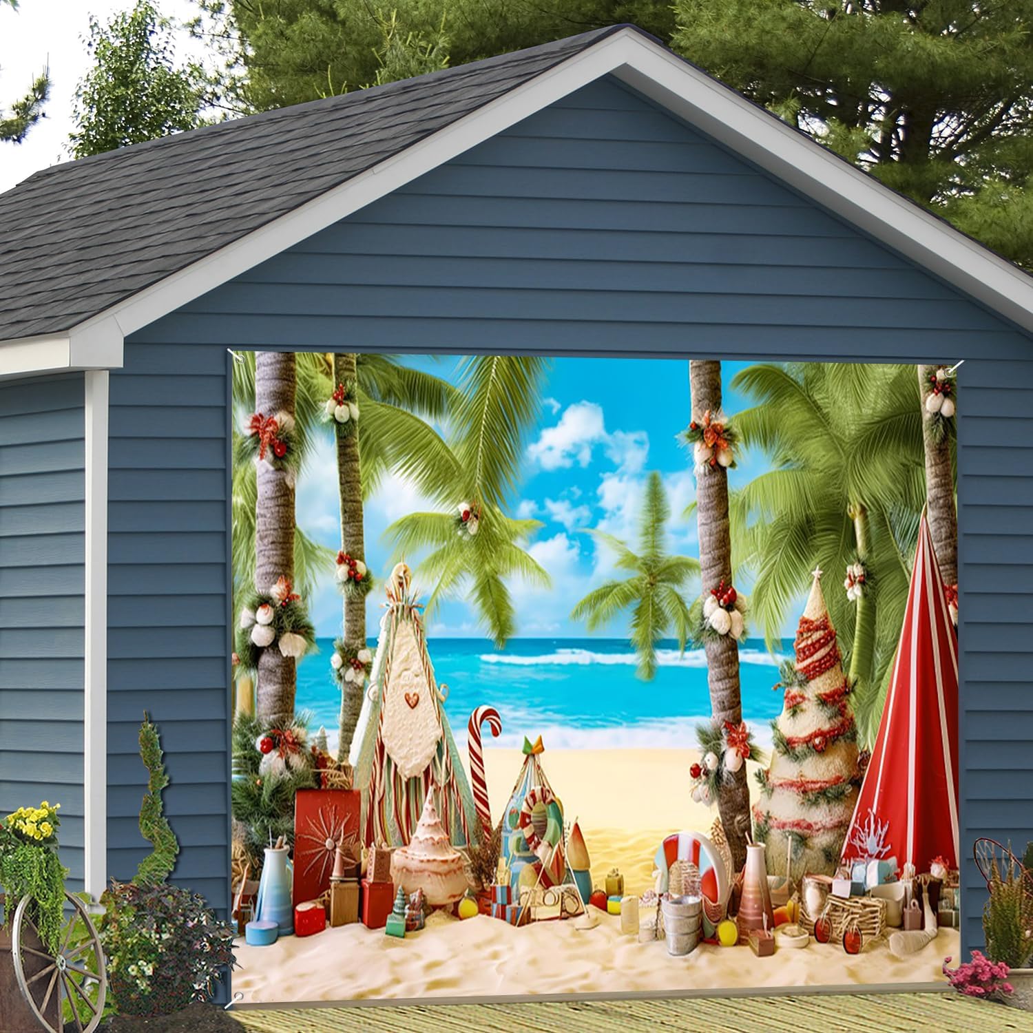 7x8ft Beach Christmas Garage Door Decor Palm Tree Fringed Paradise Festive Cones Trees Seashell Gifts Warm Landscape Garage Door Cover for Indoor Outdoor Tropical Holiday Decor