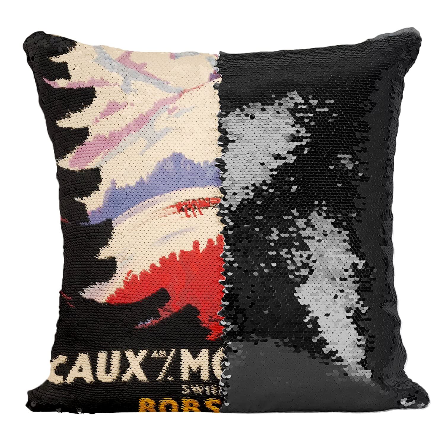 Montreux Suisse Bobsleigh Coussin Sequin Paillettes Noir Cadeau Idéal