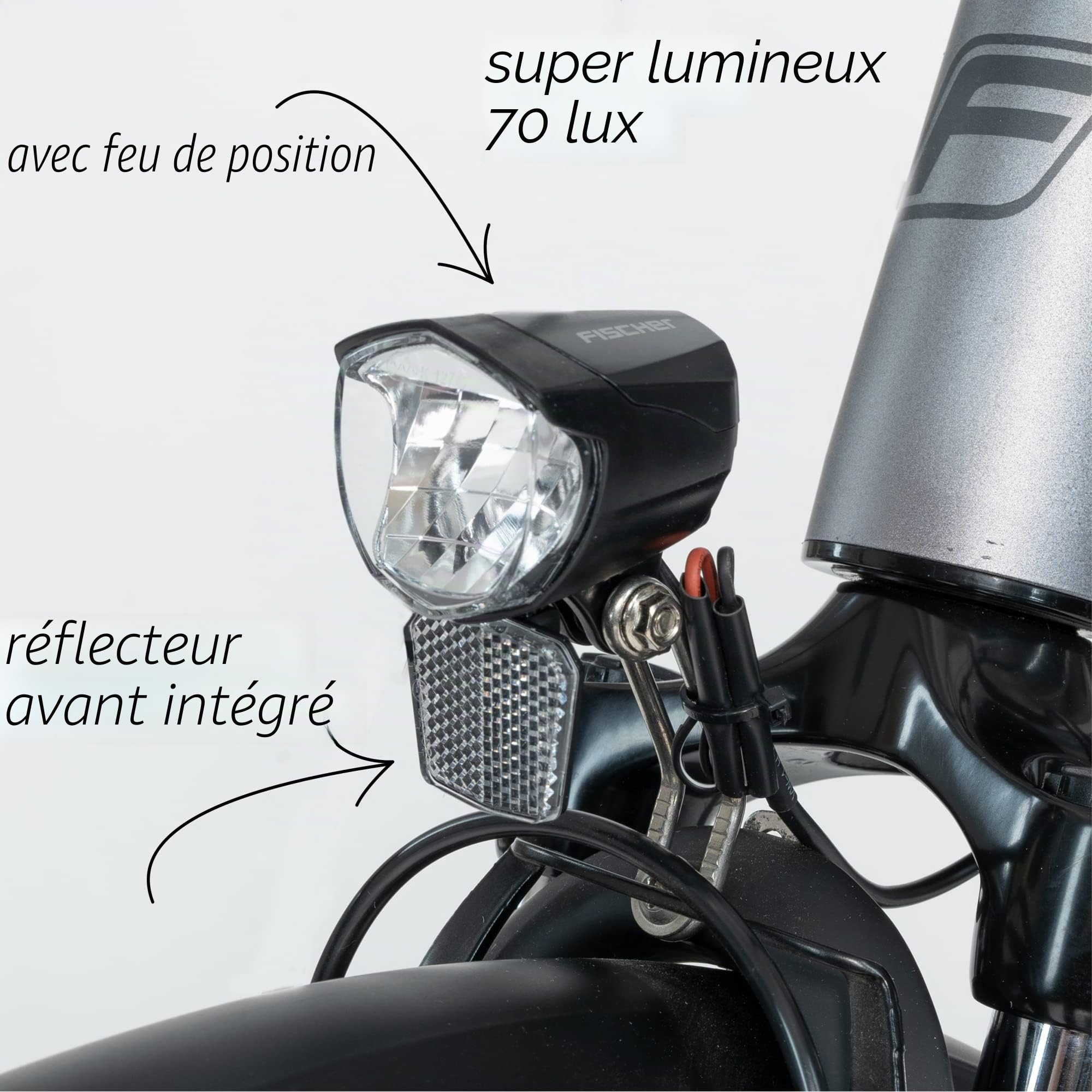 Fischer Phare de vélo à Dynamo LED 70 lux | Lampe de vélo avec Fonction feu de Position | Lumière de vélo LED avec crépuscule Automatique, Noir