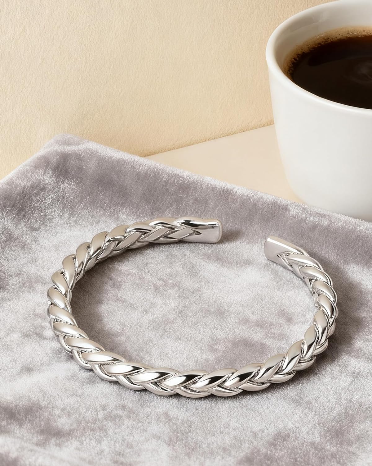 Sterling Silver Bracelet Bangle for Women, Hollow Carved Open Cuff with Polished Shine, Adjustable Vintage Style Silver Plated Jewelry Gift - Image 6