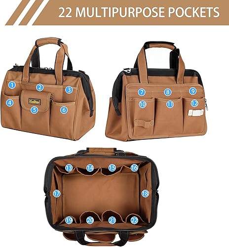 Miniatura 5 de Bolsa de herramientas resistente de 14 pulgadas, organizador de caja de herramientas suave de boca ancha de 22 bolsillos, bolsa de cinturón de