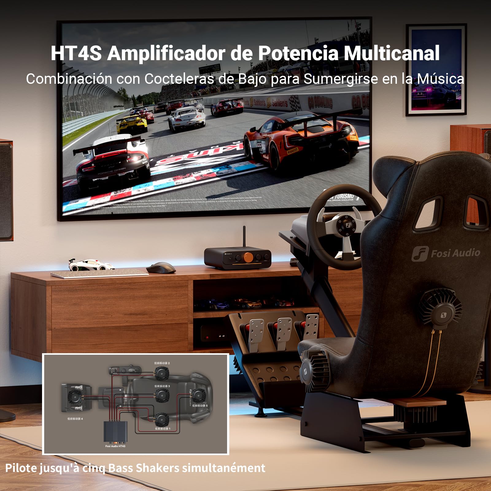 Fosi Audio HT4S Amplificador Bluetooth para Altavoces Exteriores, Amplificador de Potencia de 4 Canales para Bass Shaker Sim Racing Cockpit, Receptor de Audio Estéreo para el Hogar 4.1/5.0 CH