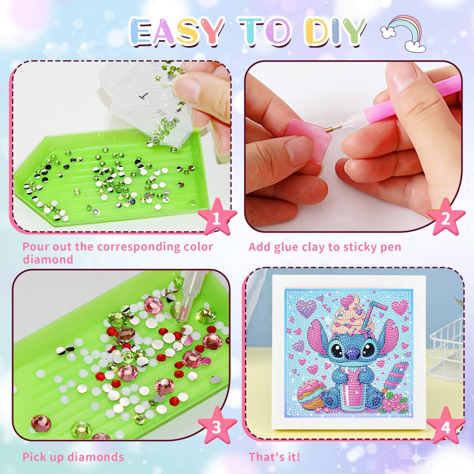 Stitch Diamond Painting Enfant, 5D DIY Broderie Diamant Kit Complet avec Cadre en Bois, Peinture Diamant pour Enfants Filles Adultes Diamant Painting Arts Craft pour Décoration Murale（15x15cm）
