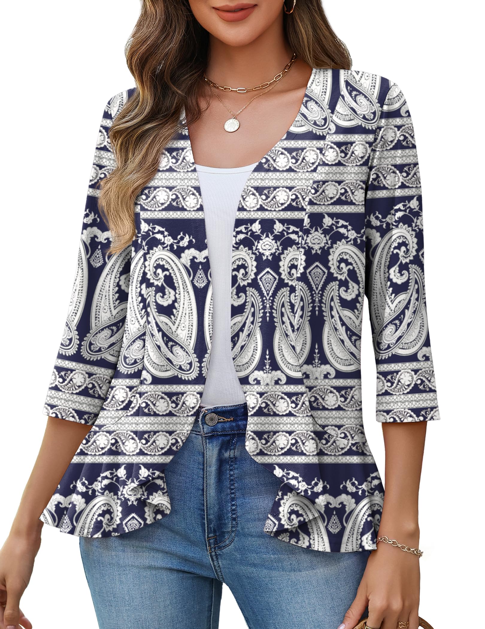 Zeagoo Womens 2026 Summer 3 4 Sleeve Lightweight Cardigans Open Front Draped Ruffles Kimono Coverups