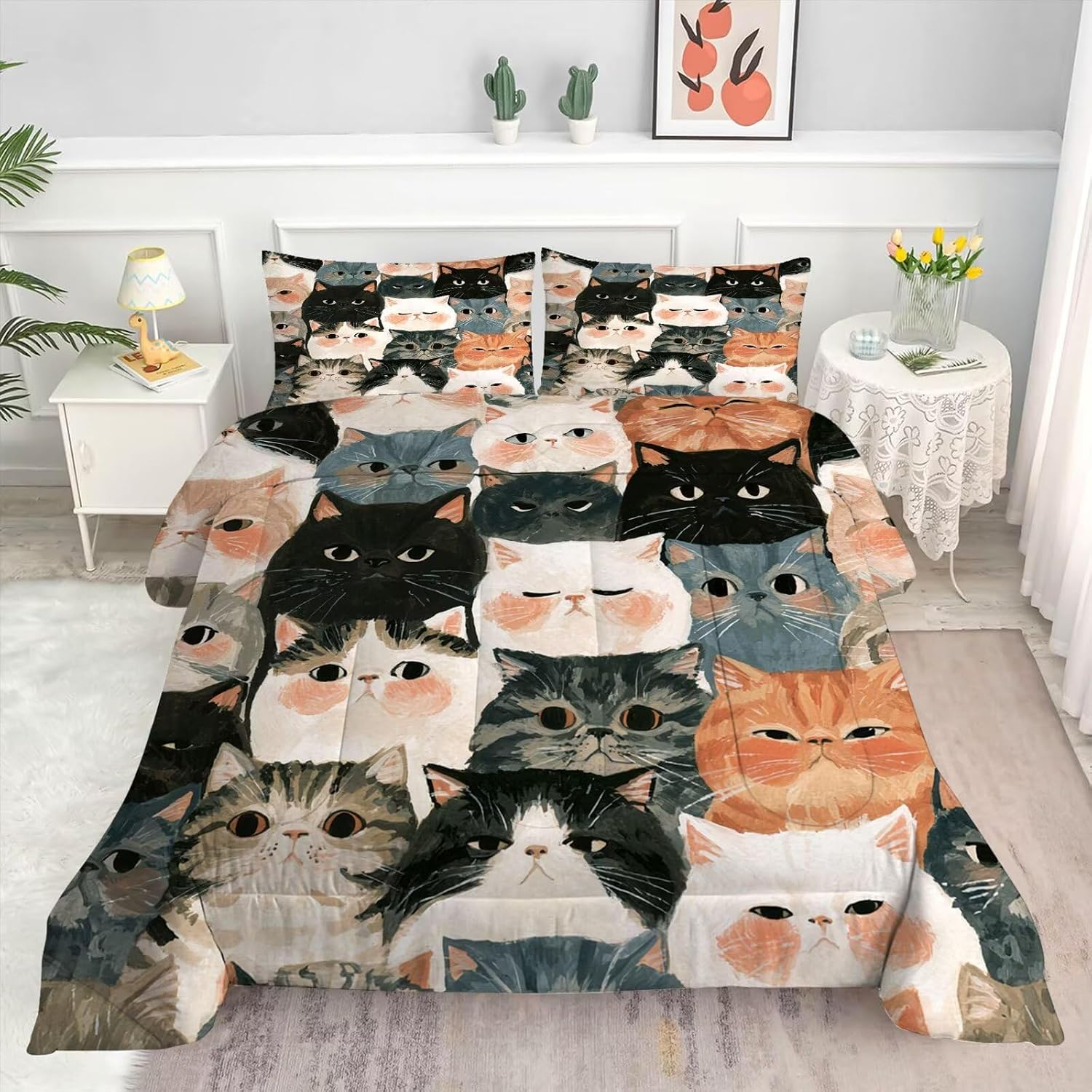 Kids Cute Cat Comforter Set Twin Size, Oil Painting Cat Bedding Sets