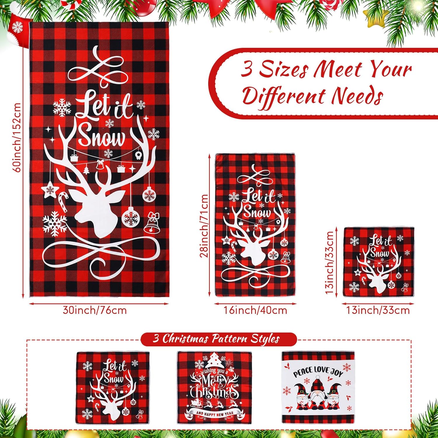 Newwiee 9 Pcs Christmas Bathroom Towels Set 3 Soft Buffalo Plaid Bath Towels 3 Decorative Square Towel 3 Absorbent Hand Towel, Assorted Sizes, for Xmas Decor Spa(Red,Gnome)