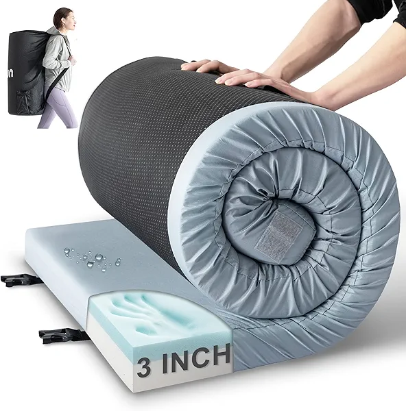 Kingfun Memory Foam Camping Sleeping Pad, CertiPUR-US Camping Mattress Waterproof Roll Up Mattress Guest Bed, Thick Floor Sleeping Mat for Car for Adults with Travel Bag