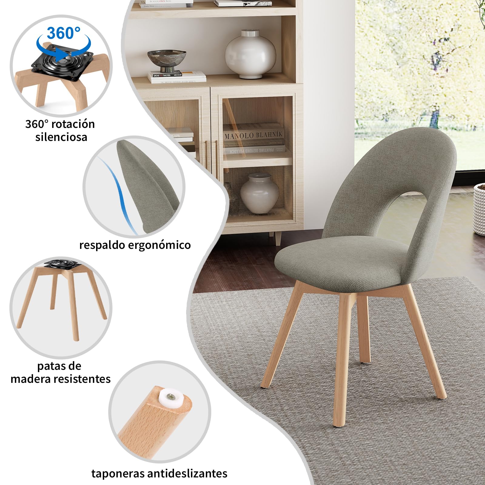 WAFTING Sillas de Comedor giratorias Patas Madera, Pack 4，Marrón Oscuro | Giratorio 360° silencioso, tela de lino gruesa con respaldo calado transpirable, apto para comedor, cocina, sala