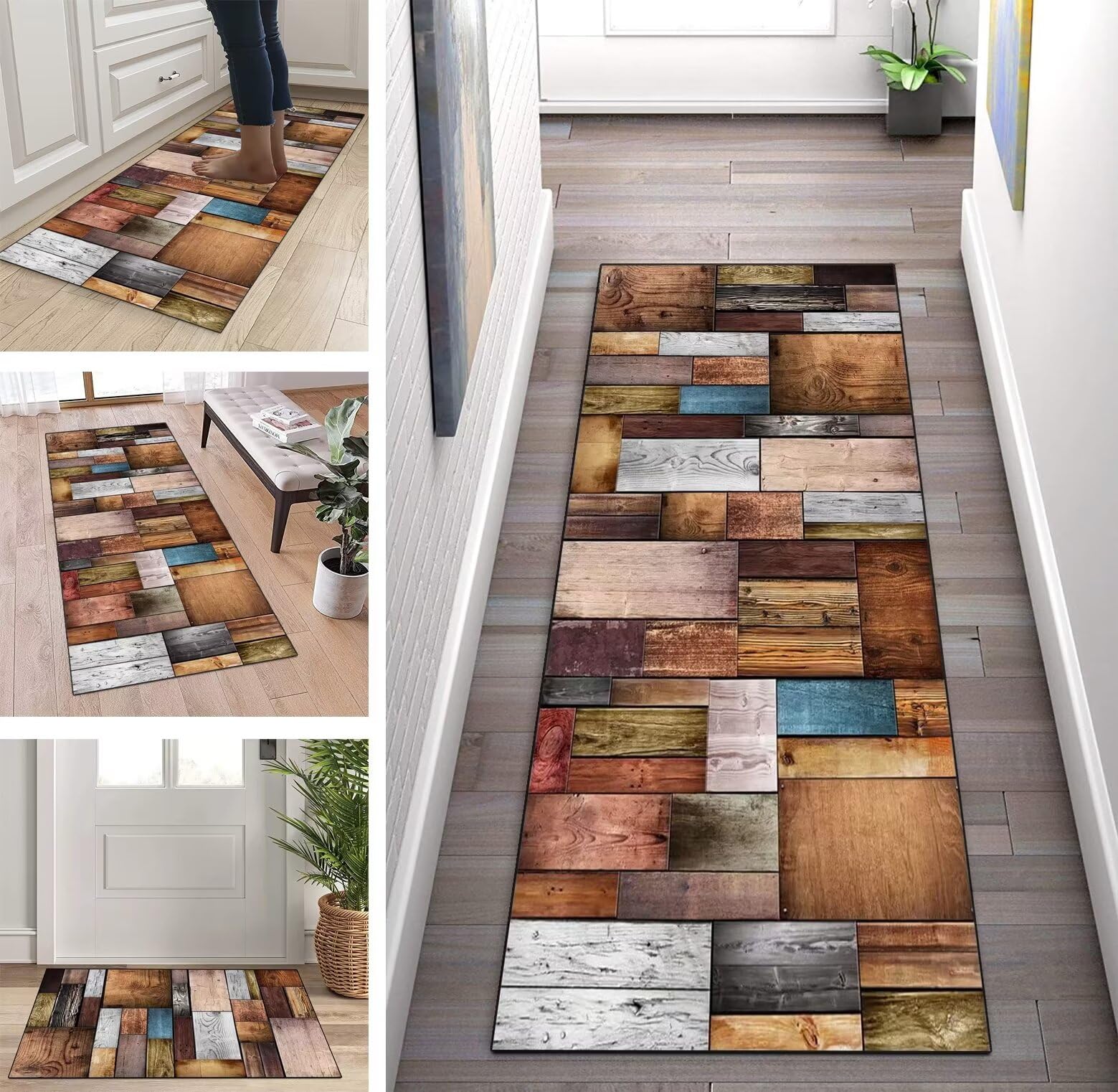 Küchenläufer Waschbar rutschfest 3D Holzmaserung 120x450cm Flurläufer Korridor Teppichläufer Küchenteppich Schlafzimmer Esszimmer Polyester Meterware Anpassbar