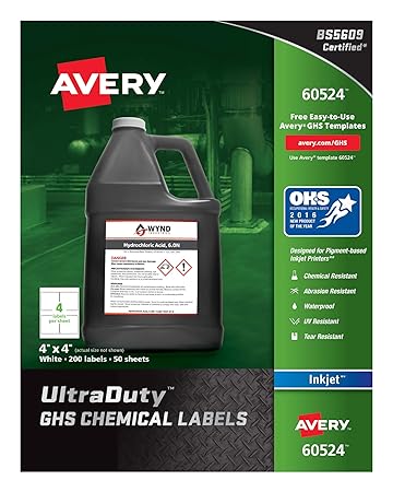 Avery UltraDuty GHS Chemical Labels for Pigment Inket Printers, Waterproof, UV Resistant, 4