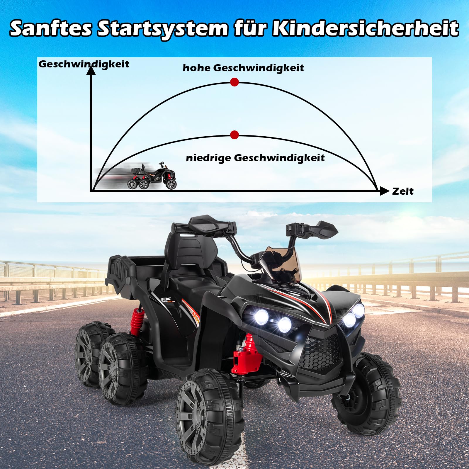 COSTWAY Elektryczny quad dziecięcy 12 V, elektryczny quad z bagażnikiem z tyłu, pojazdy elektryczne ze światłami LED i muzyką, 6 kół, quad, 3-6 km/h, samochód elektryczny dla dzieci od 3 lat