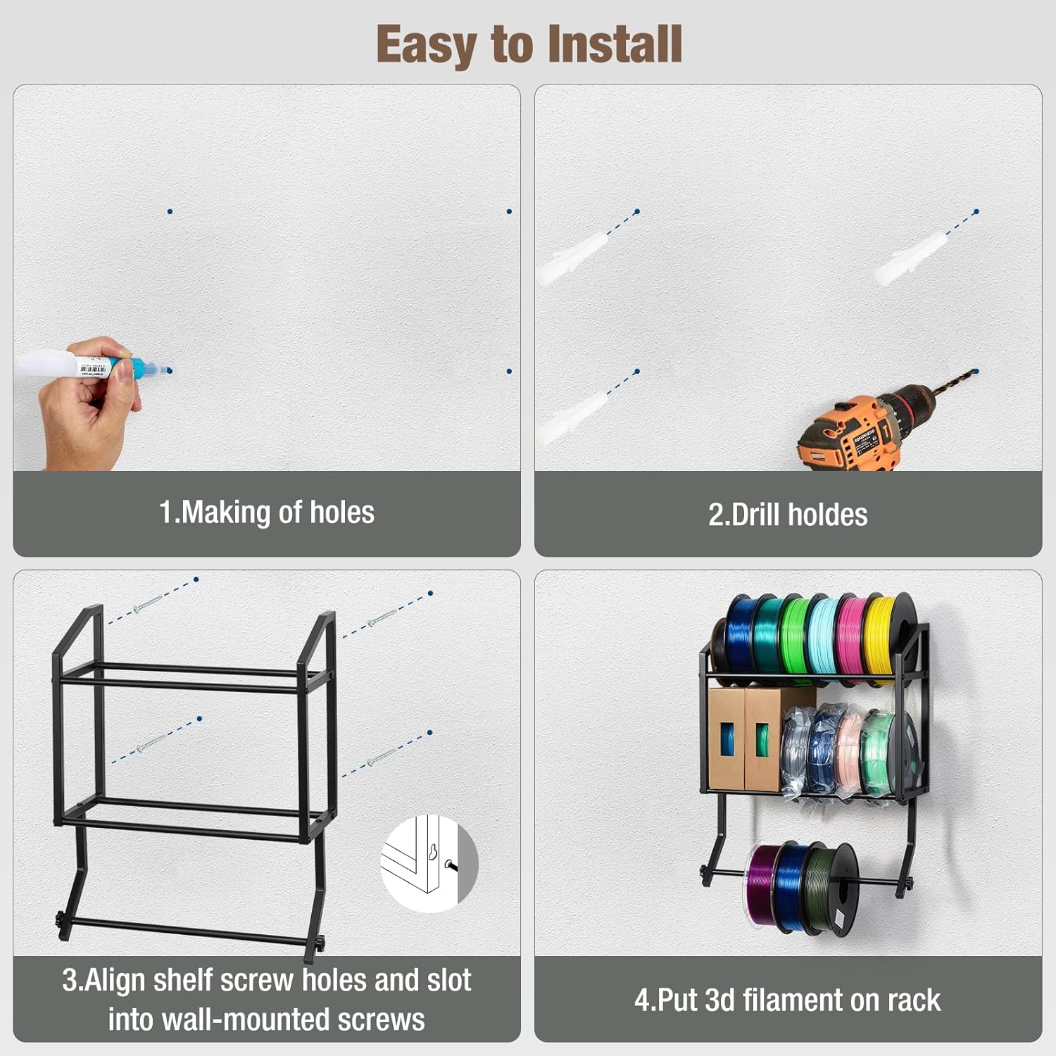 Filament Storage Rack Wall Mount, Rolling 3D Printer Spool Holder Bracket, 3-Tier Heavy-Duty Metal Shelf for TPU/PLA/ABS Filaments, Ideal for 3D Printing Business, Studio, Office, Workshop