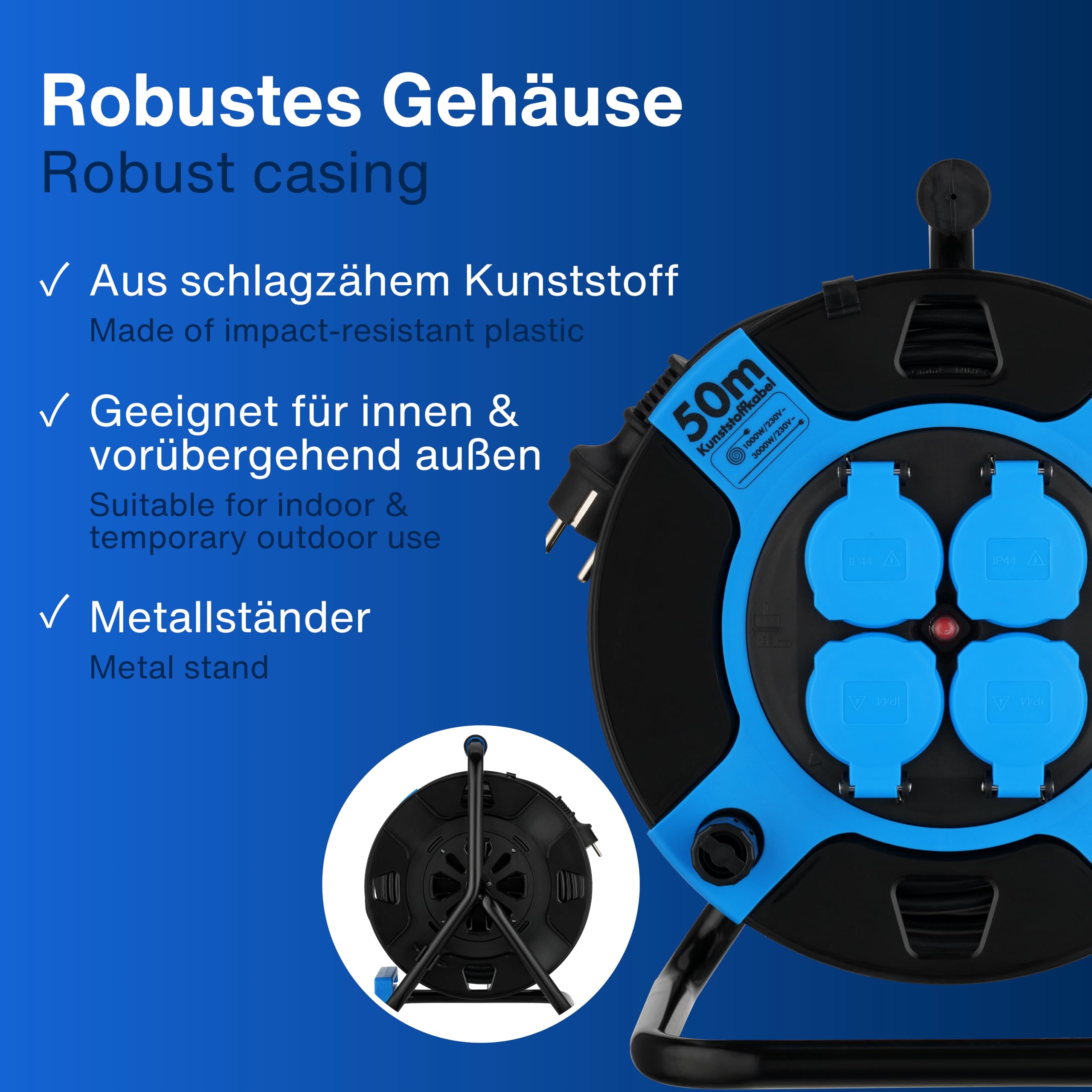 REV Kabeltrommel 50m Outdoor IP44 4 Schutzkontaktsteckdosen blau