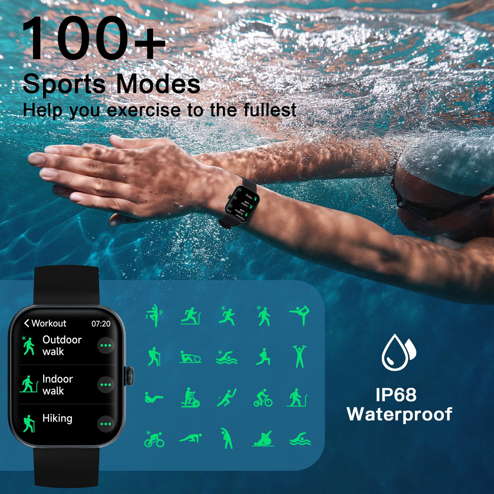 Smart Watch for Men Women, 100+ Sports Modes, Heart Rate/SpO2/Sleep Monitor, 1.91" Touch Screen, Bluetooth Calls, IP68 Waterproof Fitness Tracker, Alexa Built-in, iOS Android Compatible (Black)