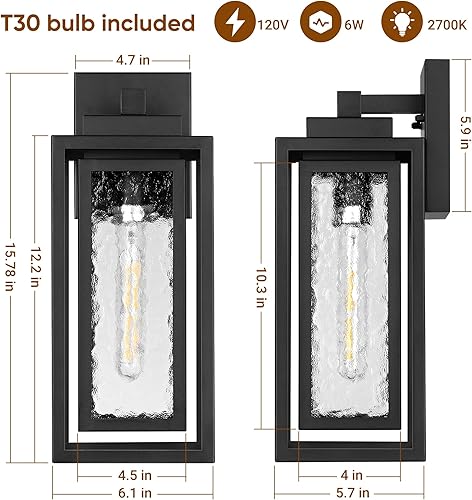 Miniatura 4 de Farol de pared para exteriores con ondas de agua, lámpara de porche exterior, color negro, paquete de 2 luces de pared impermeables, iluminación