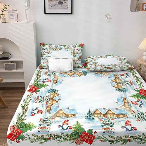 Miniatura 2 de Juego de sábanas de Navidad tamaño Queen, sábanas de Papá Noel, sábanas y fundas de almohada estampadas de 4 piezas, sábana bajera ajustable de