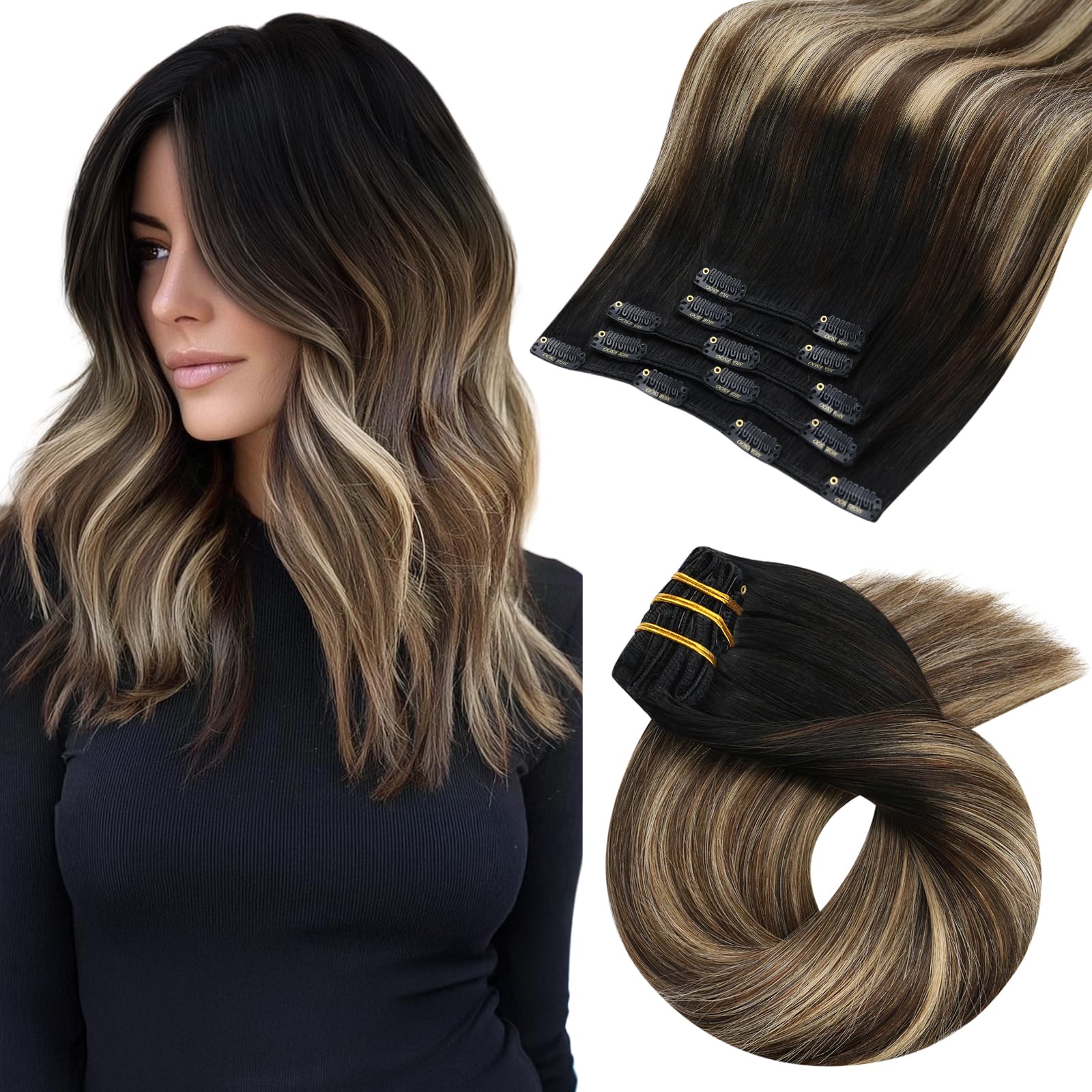 Moresoo Human Hair Extensions Clip in Real Hair Ash Blonde with Bleached Blonde Clip in Hair Extensions Remy Human Mid-length Hair Layered Add Volume 14 Inch 5pcs/80g #P18/613 — view 90