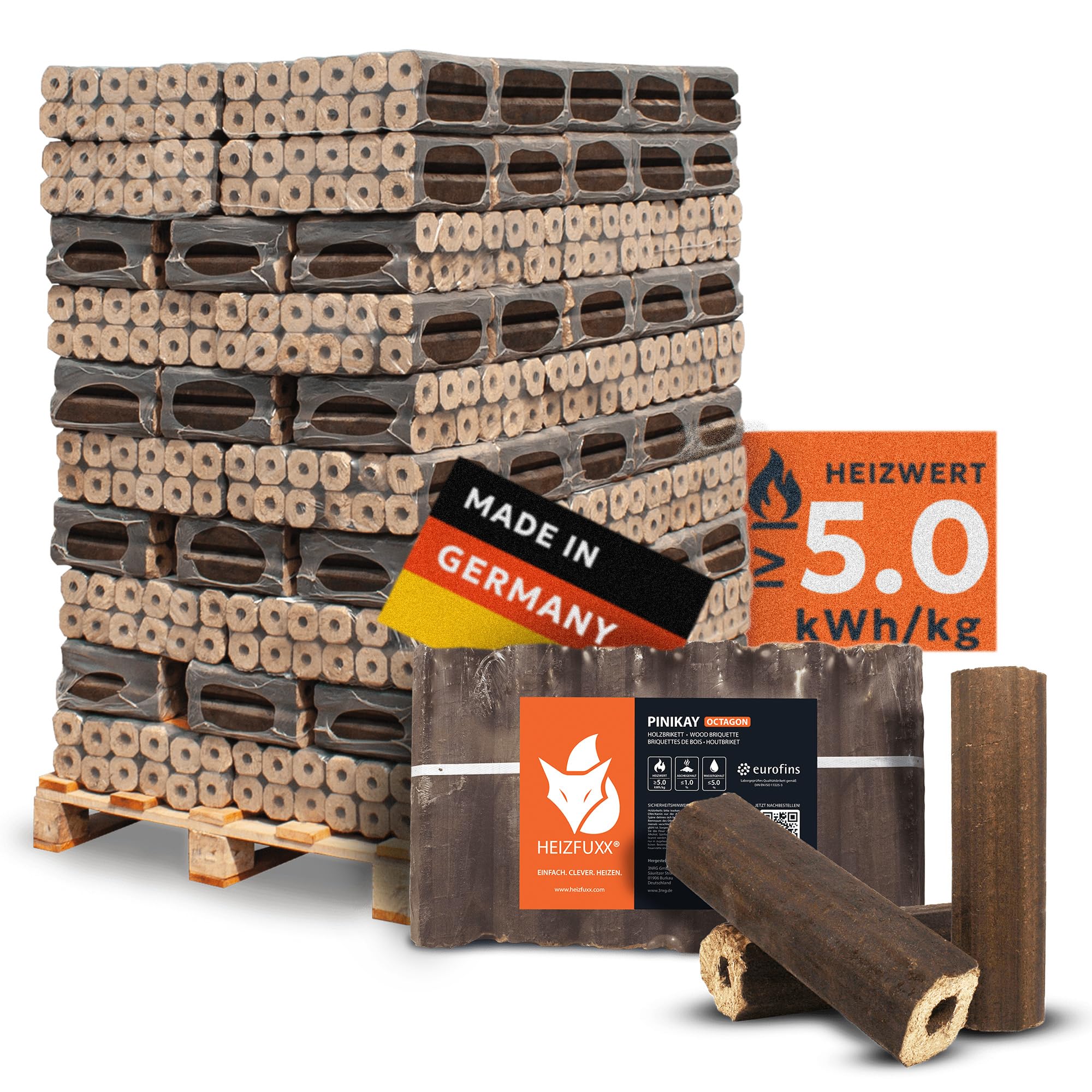 HEIZFUXX Holzbriketts PiniKay Octagon - Hartholzbriketts Palette 960 kg (96x10 kg) - Briketts mit Zugloch für Kamin, Heizkessel & Ofen - Schnell entzündbar, hoher Heizwert & geringer Aschegehalt
