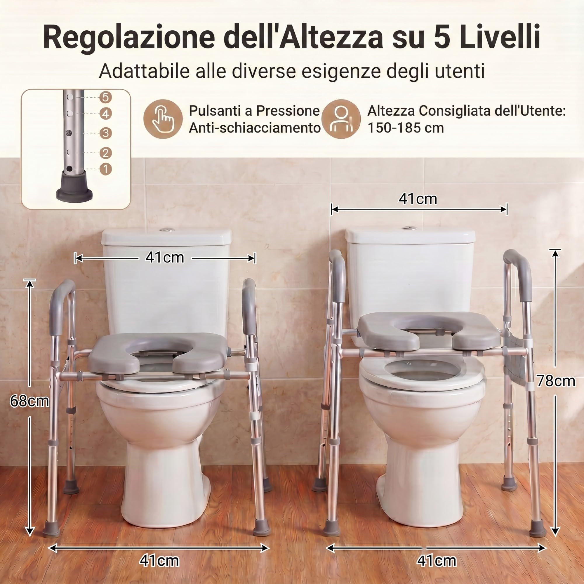 RELAX4LIFE Rialzo WC per Anziani, Sedile WC Rialzato con Portacarta Igienica e Tasca Portaoggetti, Altezza Regolabile, Telaio in Alluminio, Alzata Water per Anziani