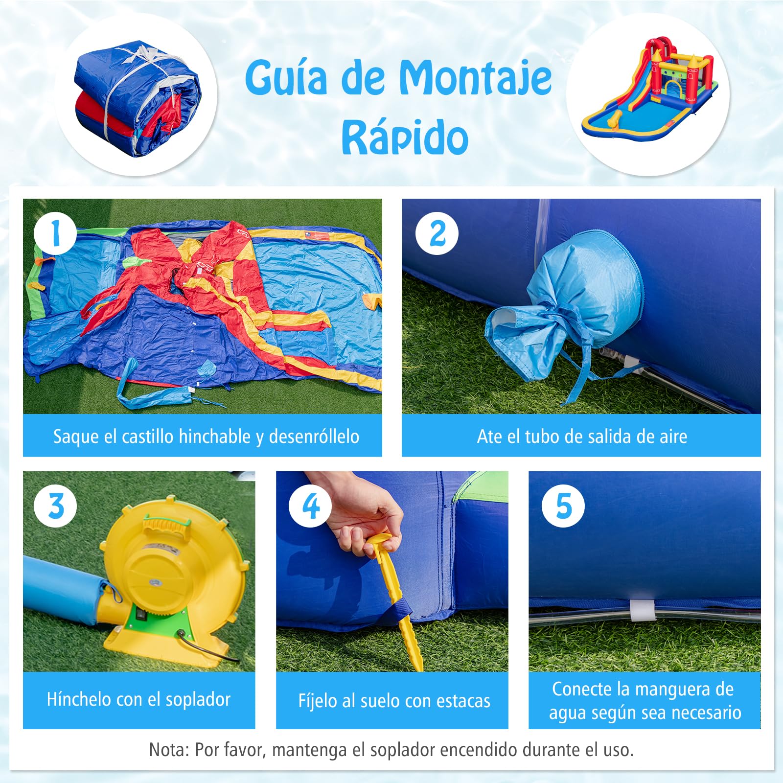 GOPLUS Castillo Hinchable Acuatico para Niños de 3-10 Años, Castillo Inflable con Tobogán Seco/Acuático, Canasta de Baloncesto, Pared de Escalada, Disco de Boxeo, Piscina Infantil, con Soplador