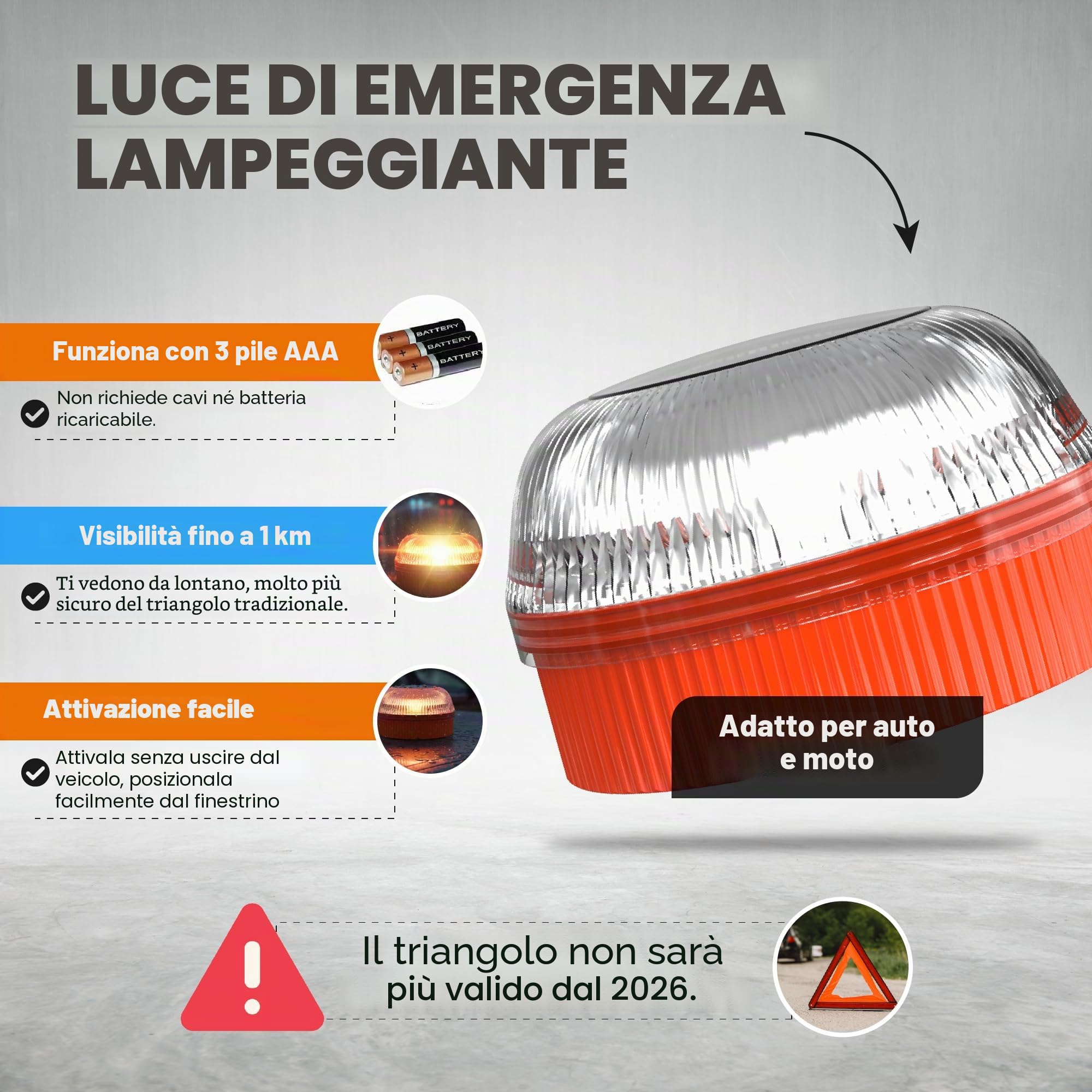 Luce di Emergenza LED V16 - Segnale Stradale ad Alta visibilità - Base Magnetica e Custodia Protettiva - Funziona con Pile AAA+ (Incluse) - 4 modalità di Luce per Sicurezza Auto e Moto