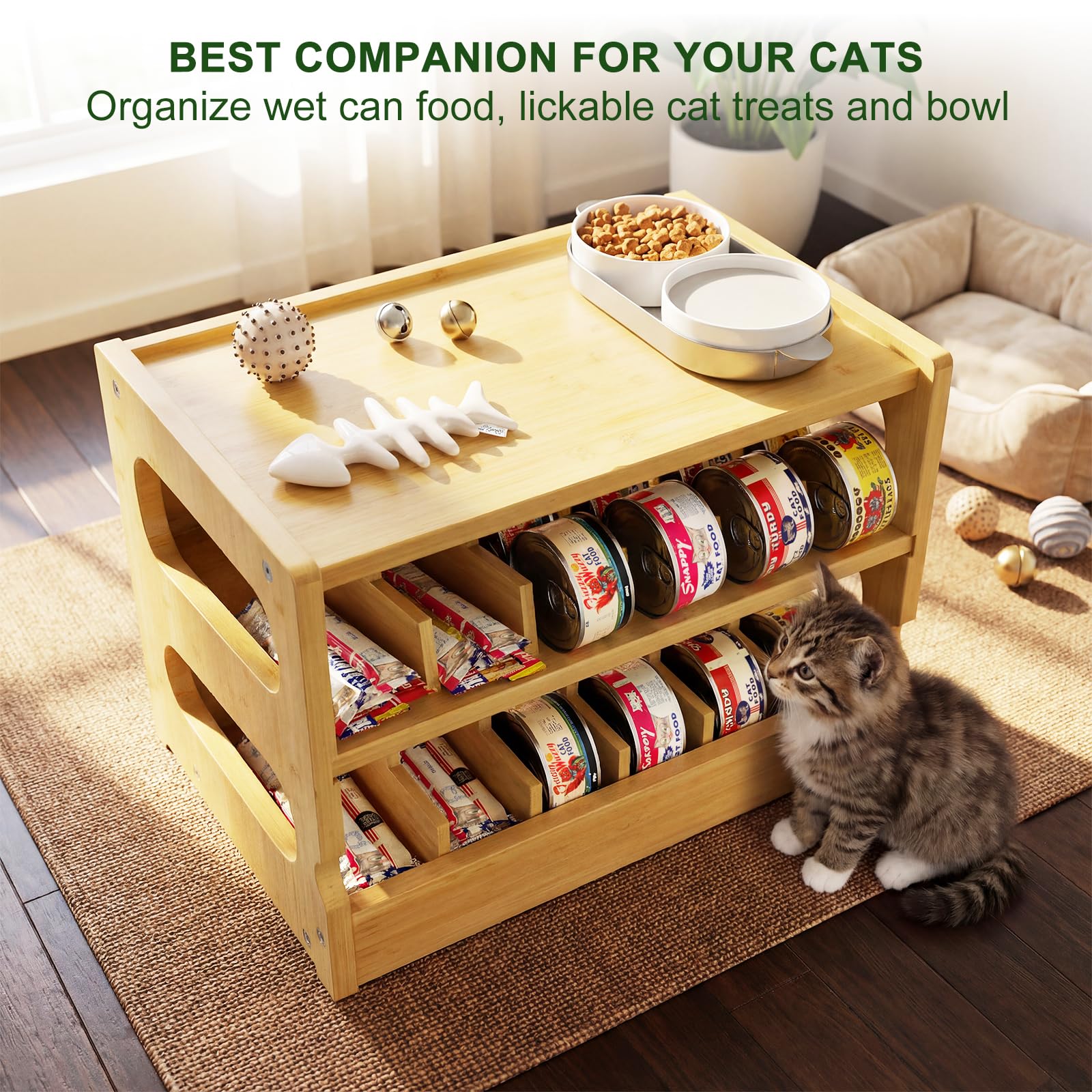 Organizador de latas de comida de bambú para gatos, capacidad para 36 latas (3 onzas), estante de almacenamiento de alimentos húmedos para gatos, dispensador de latas de comida rodante para